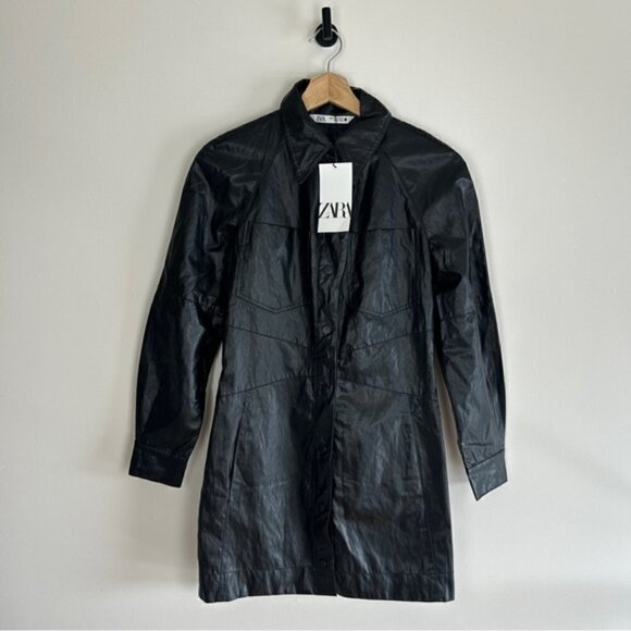 ZARA faux leather black button-down shirt dress - Picture 3 of 7